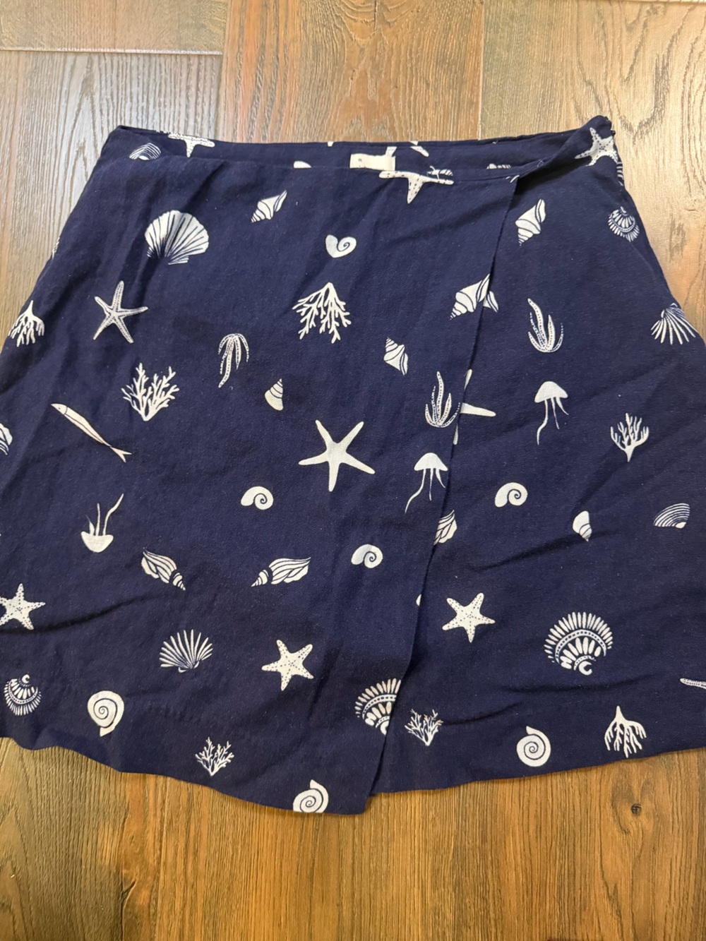 a new day Navy Seashell & Starfish Linen Blend Coastal Summer Wrap Skirt